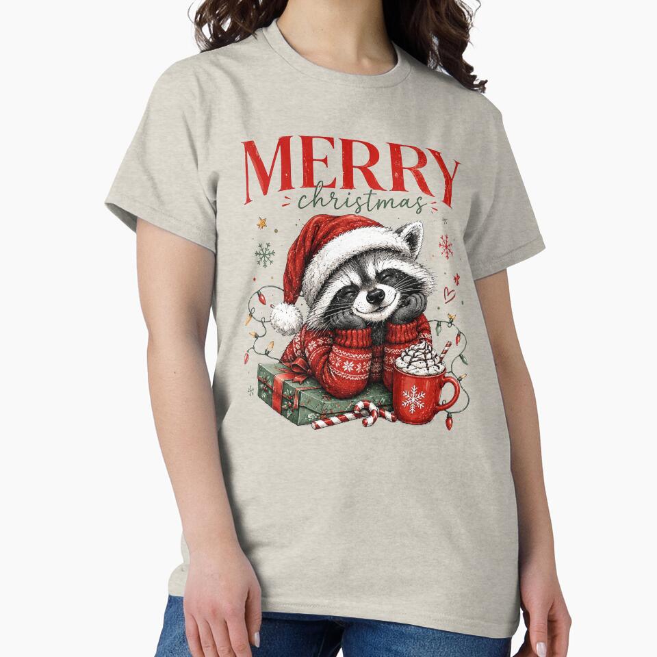 Merry Christmas Raccoon, Funny Festive Holiday Animal Drinking Coffee, Cute Winter Raccoon Christmas Gift for Coffee Lovers by Quiajia