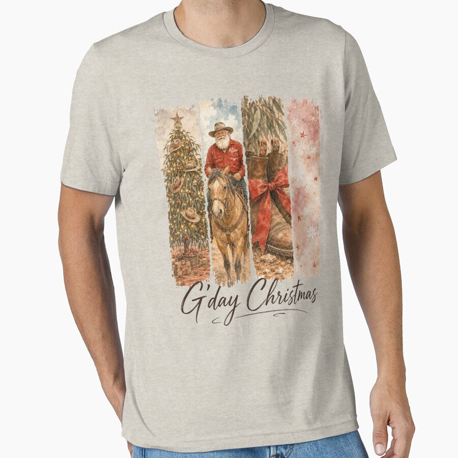 G'day Christmas Aussie Country Christmas Cowboy Santa Tee Gum Tree Cowboy Horse Boots Australia by Yellowriversss