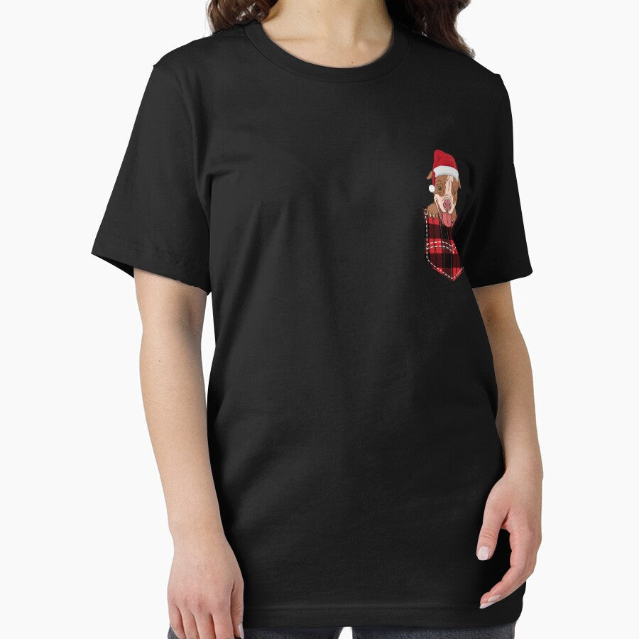 Christmas Dog Pitbull in Pocket Red Buffalo Plaid Christmas Pajama T-Shirt by Cooltees4u1