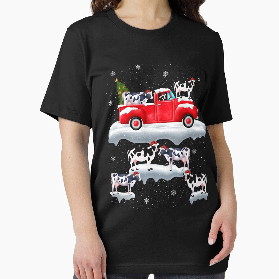 Cows Driving Christmas Tree Red Truck Cow Christmas by saldcharig