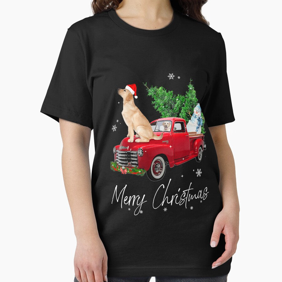 Labrador Retriever Dog Riding Red Truck Christmas by larryscott84