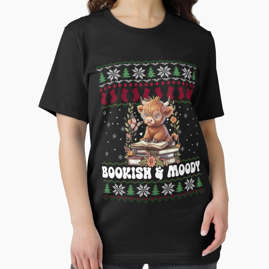 Bookish & Moody Christmas Cow T-Shirt by TinaMDedrick