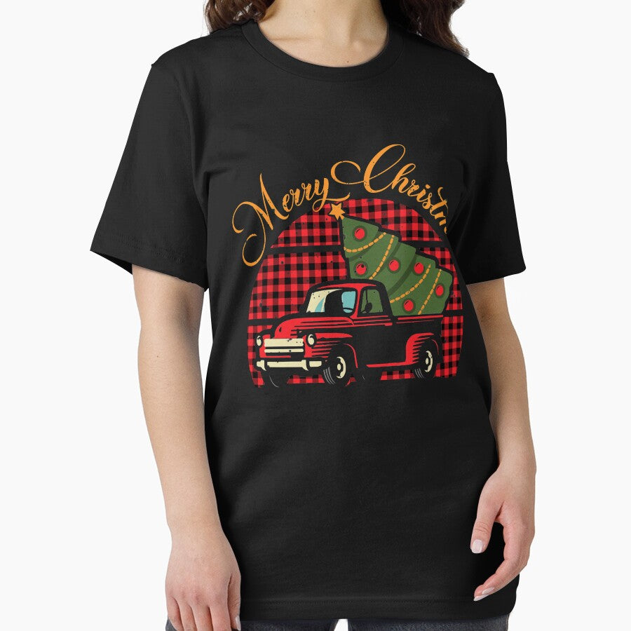 Vintage Buffalo Plaid  Red Truck With Merry Christmas Tree by SIMPLINZ