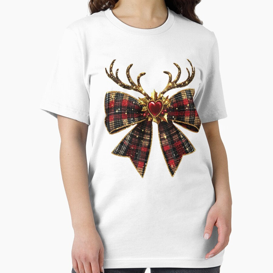 Rustic Red Heart Plaid Christmas Bow with Antlers & Holly by BabydellArt