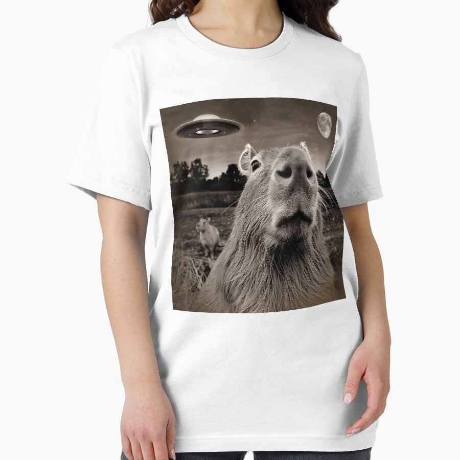 Funny Capybara UFO, Cute Capybara Selfie Graphic Tee for Animal Lovers, Unique Alien-Themed Gift for Men and Women by ABMO-store