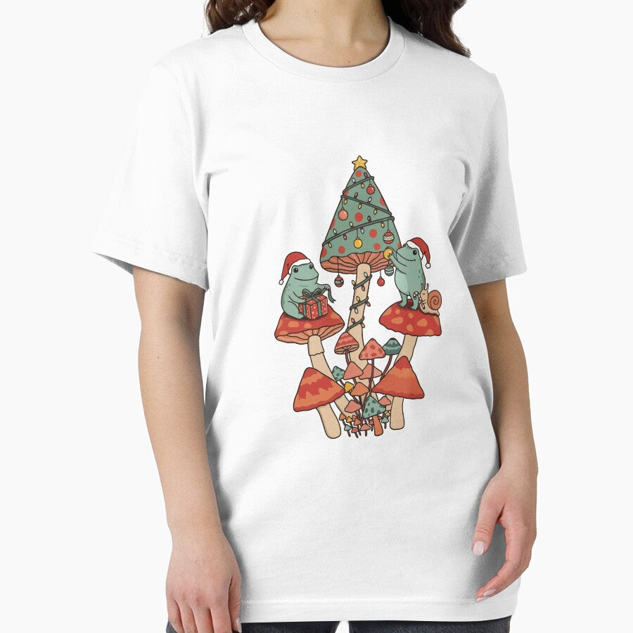 Cute Christmas Frogs On Mushrooms Holiday by Lora Art