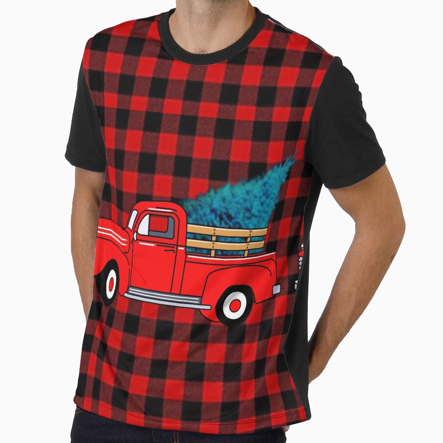 Vintage red pick-up truck drawing, red buffalo plaid pattern, holiday design, Christmas tree by hollycooper