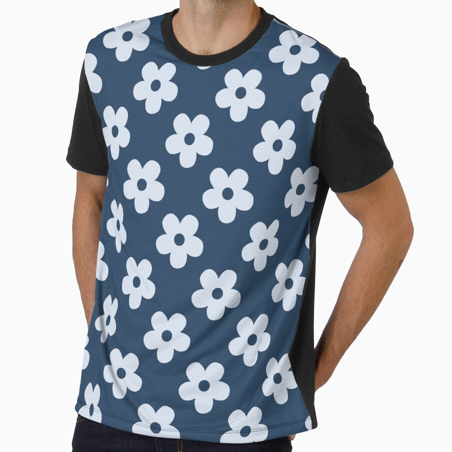 Navy Blue Floral Pattern | Ice Blue and Navy Flowers Pattern | Retro Navy Floral Design | Preppy Retro Ice Blue Daisies | Coquette Navy and Ice Blue Floral Pattern by VivaFy