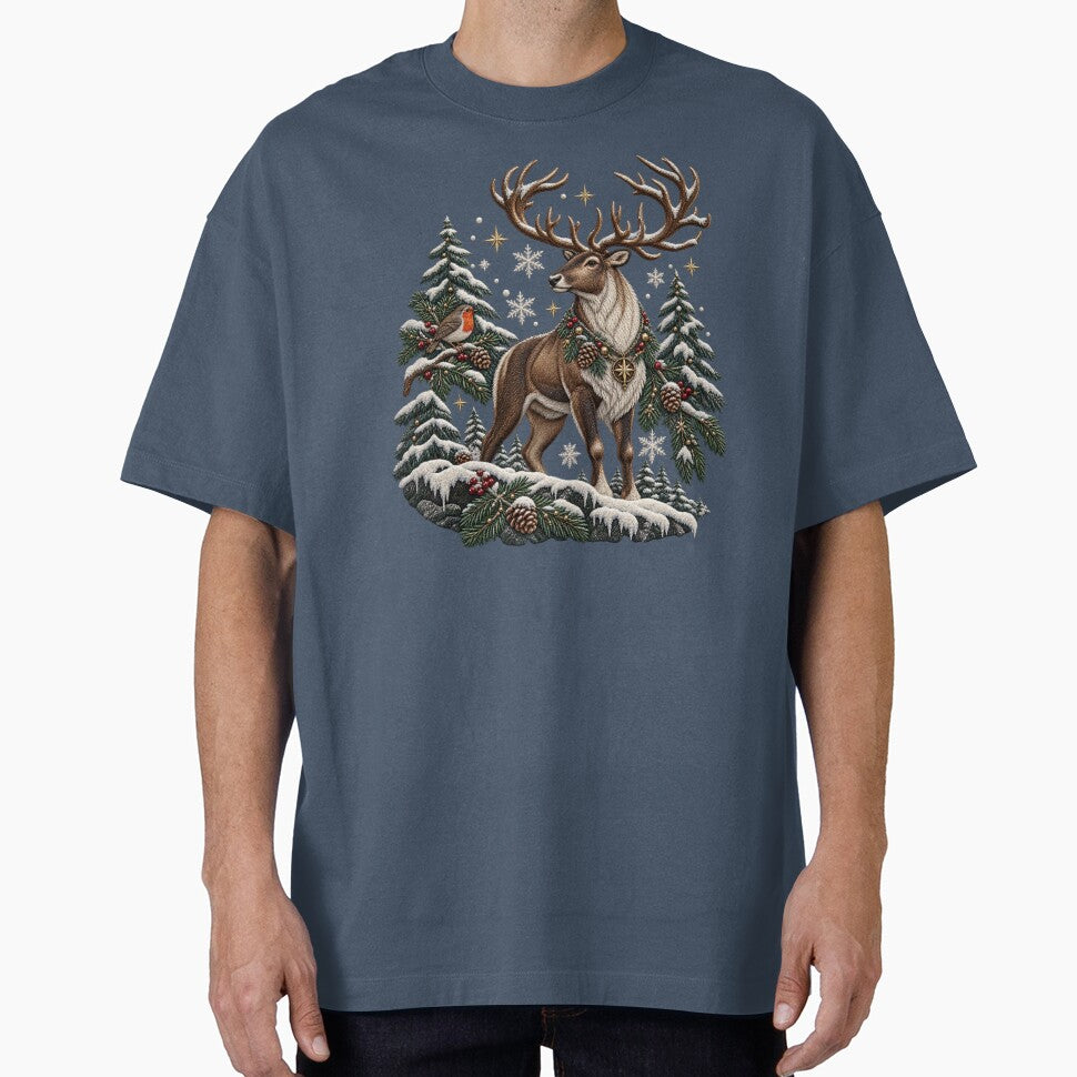 Winter Reindeer Embroidery – Snowy Woodland Robin, Pine Trees & Snowflakes by Emoji Emblems