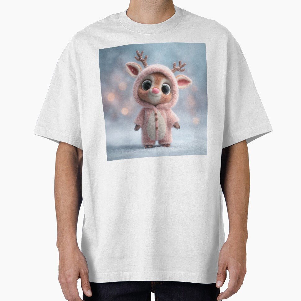 Kawaii Winter Reindeer in Fluffy Pink Onesie – Cute Christmas Art by Hakubiya