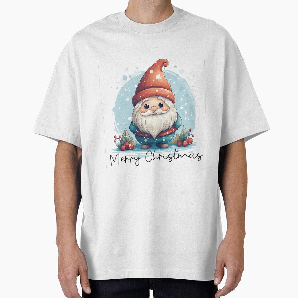 Merry Christmas  Cute Christmas gnome in red hat with snow by Inktown