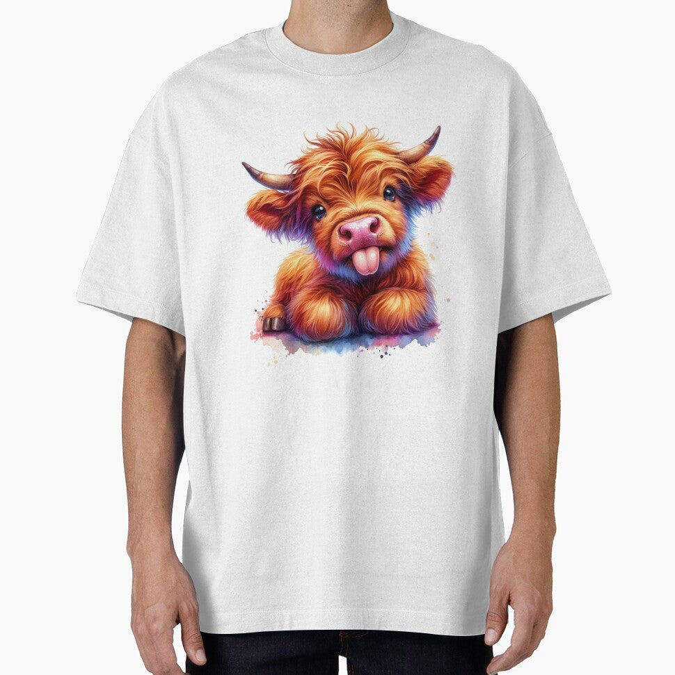 Cute Scottish Baby Highland Cow Calf Sticking Out Tongue Colorful Watercolor by MaedK