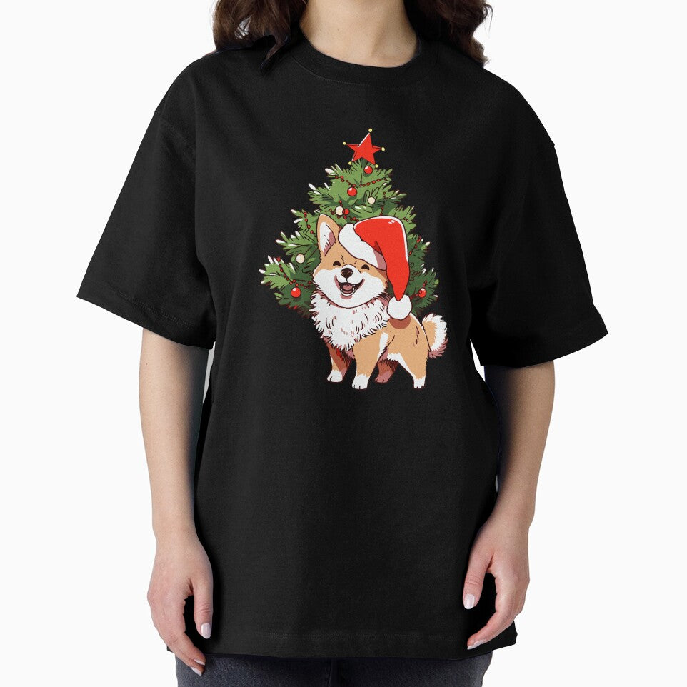 Cute Dog wearing Santa hat and Christmas tree by Niktarka