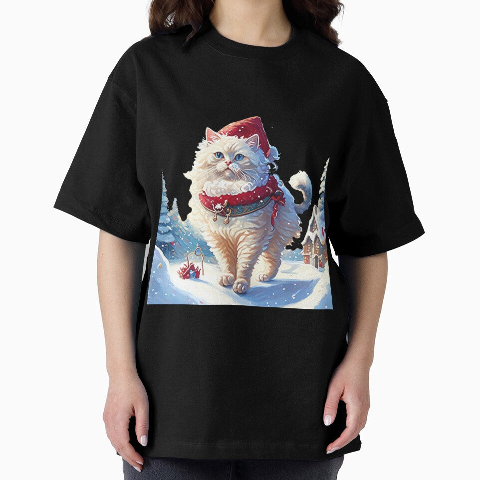 A fluffy cat wearing a Santa hat in the snow by K-Kwan