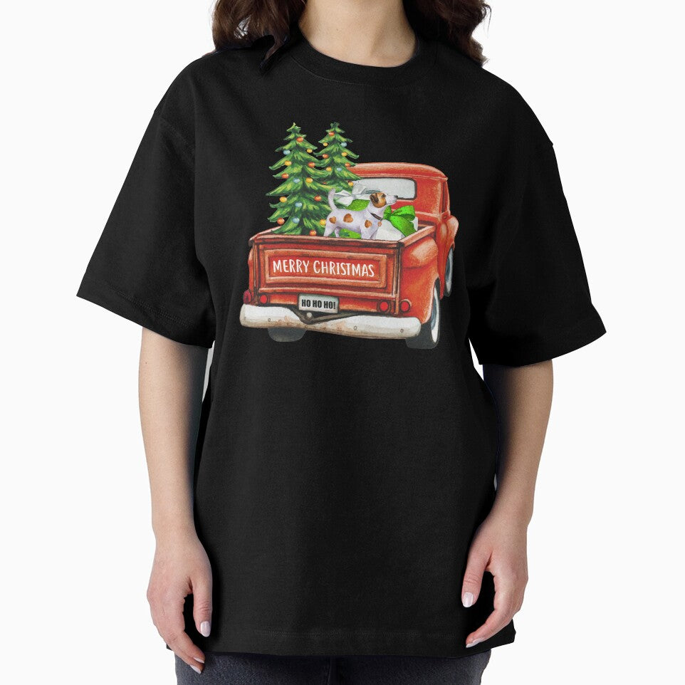 Red Vintage Merry Christmas Truck with Jack Russell Terrier Dog by michellejustice