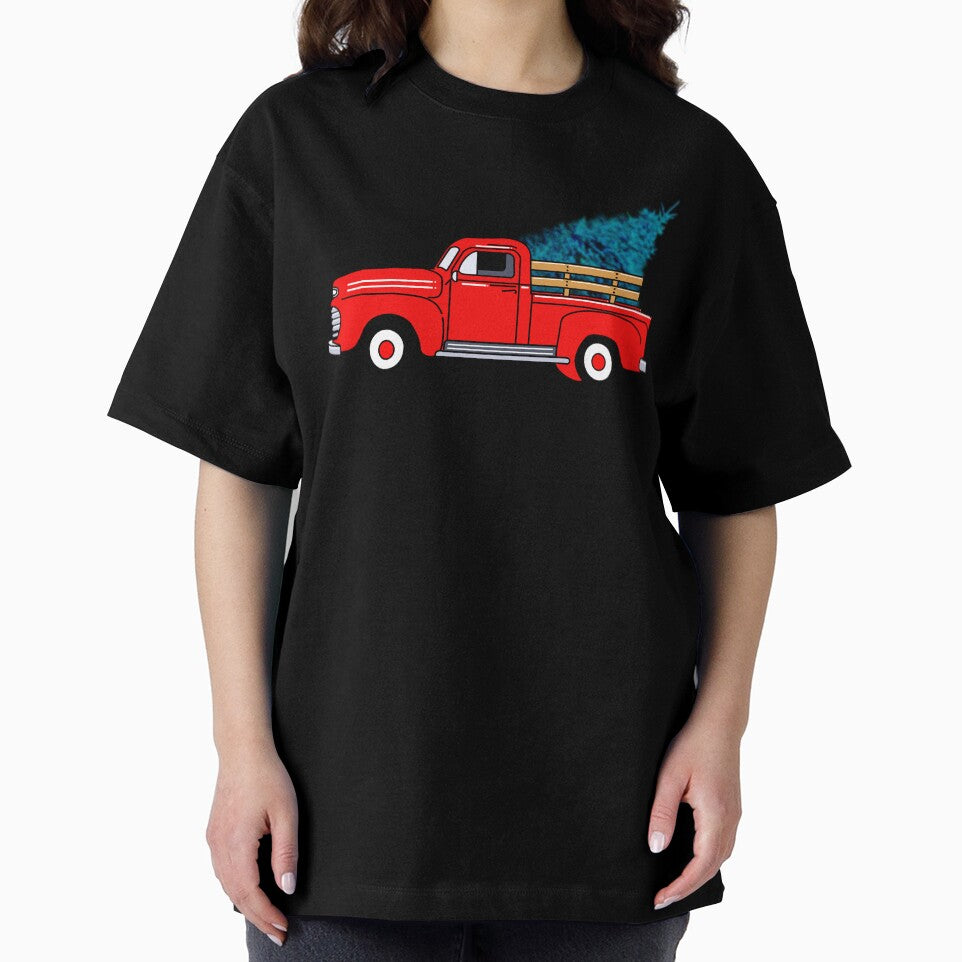 Vintage red pick-up truck drawing, holiday design, Christmas tree by hollycooper