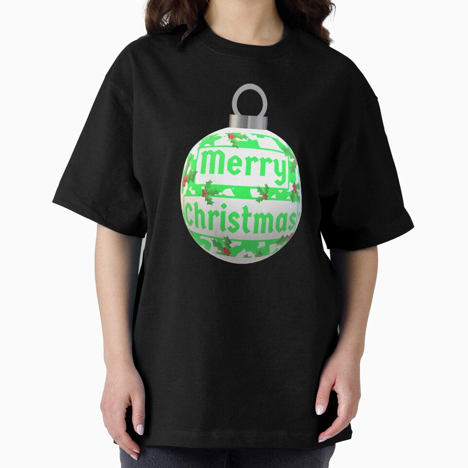 Christmas Ornament with Merry Christmas, Green and White Peppermint and Red Holly Berries (Black Background) by ArtByLM