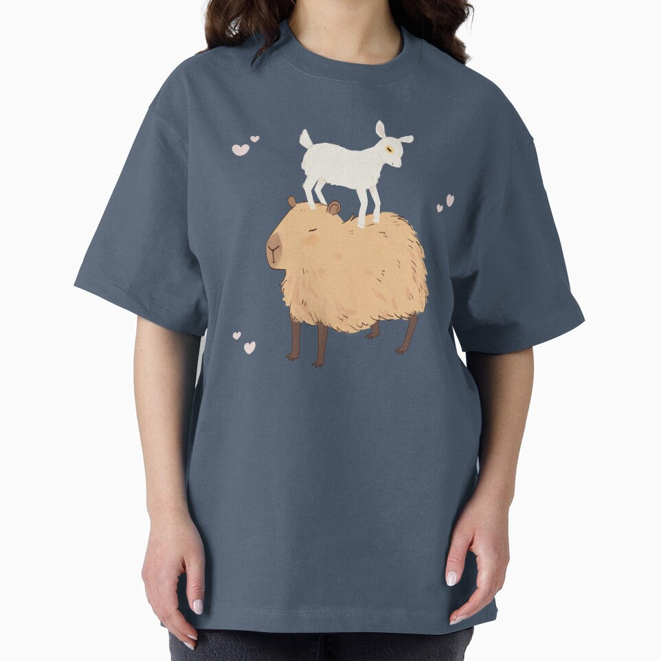 Capybara with a baby goat friend standing on its head - a cute cartoon capybara illustration chilling by Yarafantasyart