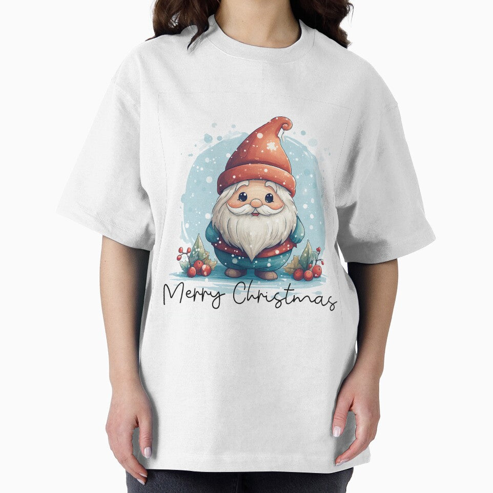 Merry Christmas  Cute Christmas gnome in red hat with snow by Inktown