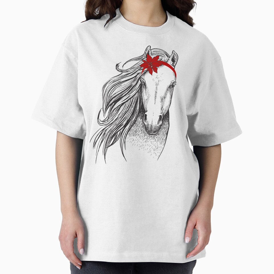 Cute Christmas Horse Santa with a Poinsettia Headband For Horse Lovers by InkItStudio