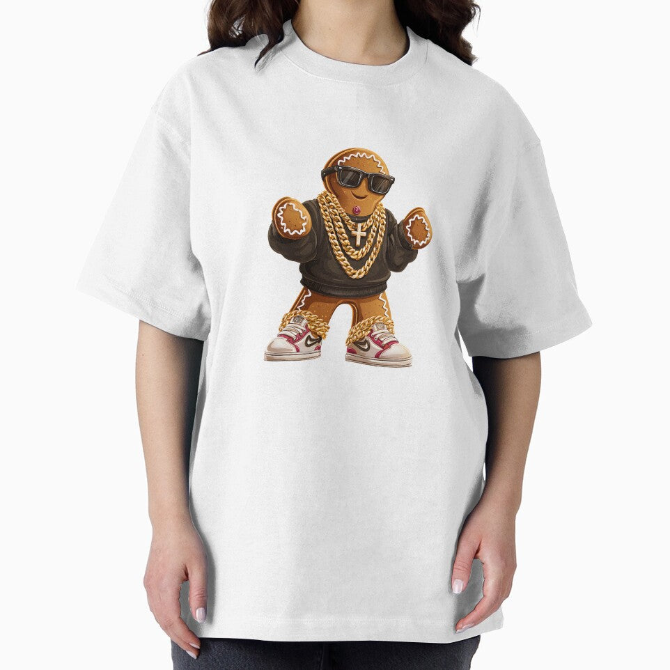 Fashionable Christmas gingerbread man in a leather jacket with gold chains and sneakers. by OlhaBondarenko