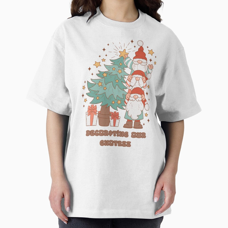Decorating Our Gnotree - Cute Gnomes Decorating a Christmas Tree (Red Outline and Text Design) by Spiprinto