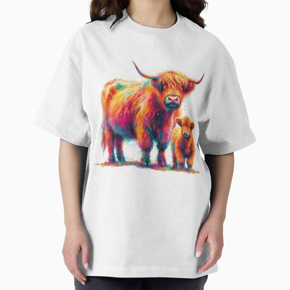 Scottish Highland Cow and Calf Colorful Watercolor by MaedK