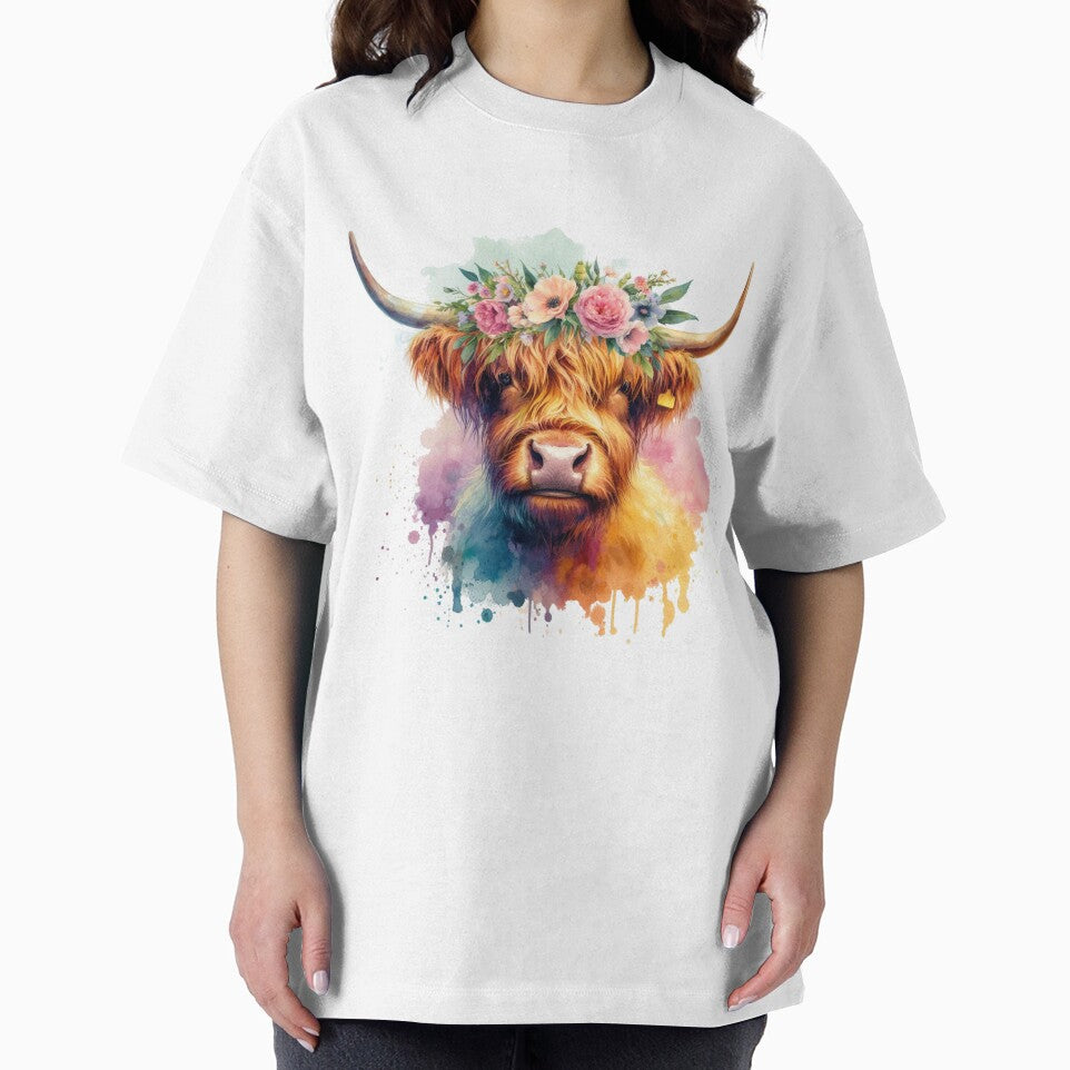 Scottish Highland Cow Wearing a Crown of Flowers Colorful Watercolor by MaedK