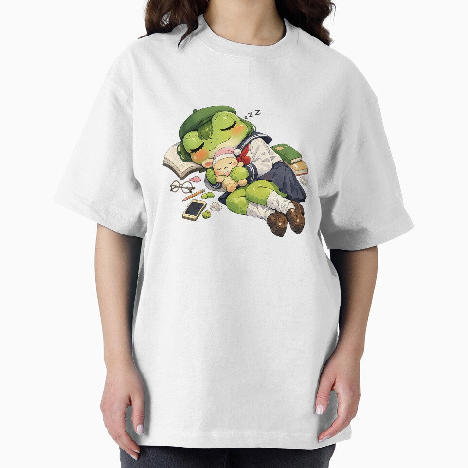 Kawaii Anime Frog Sleeping with Plushie | Cute Schoolgirl Froggy Aesthetic Art by CustomizingGift