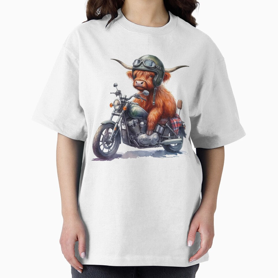 Cool Scottish Highland Cow on a Motorbike Colorful Watercolor by MaedK