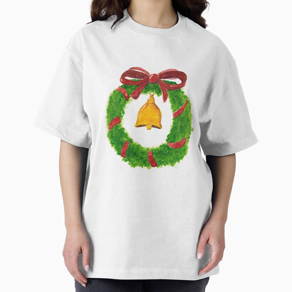 Watercolor illustration of Christmas wreath with a bow and bell by FuzzyLogicKate