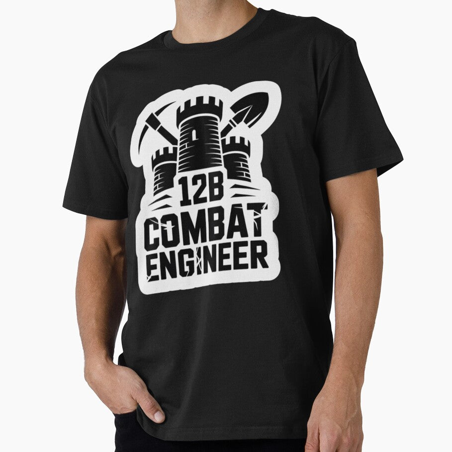12B Combat Engineer — Classic Castle Tower Emblem with Shovel and Pickaxe U.S. Army MOS Graphic White Outline by GFamilyC
